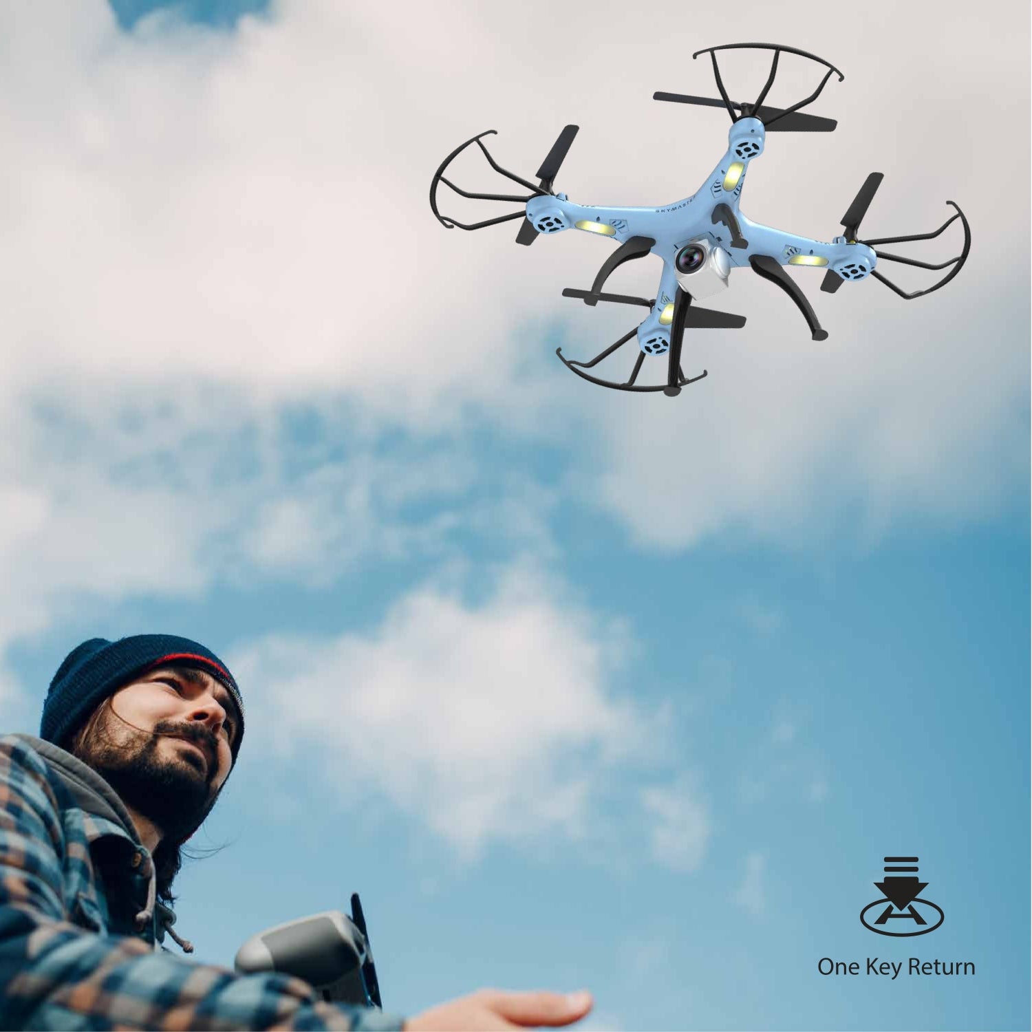 outdoor drone with one key take off feature and one key return feature