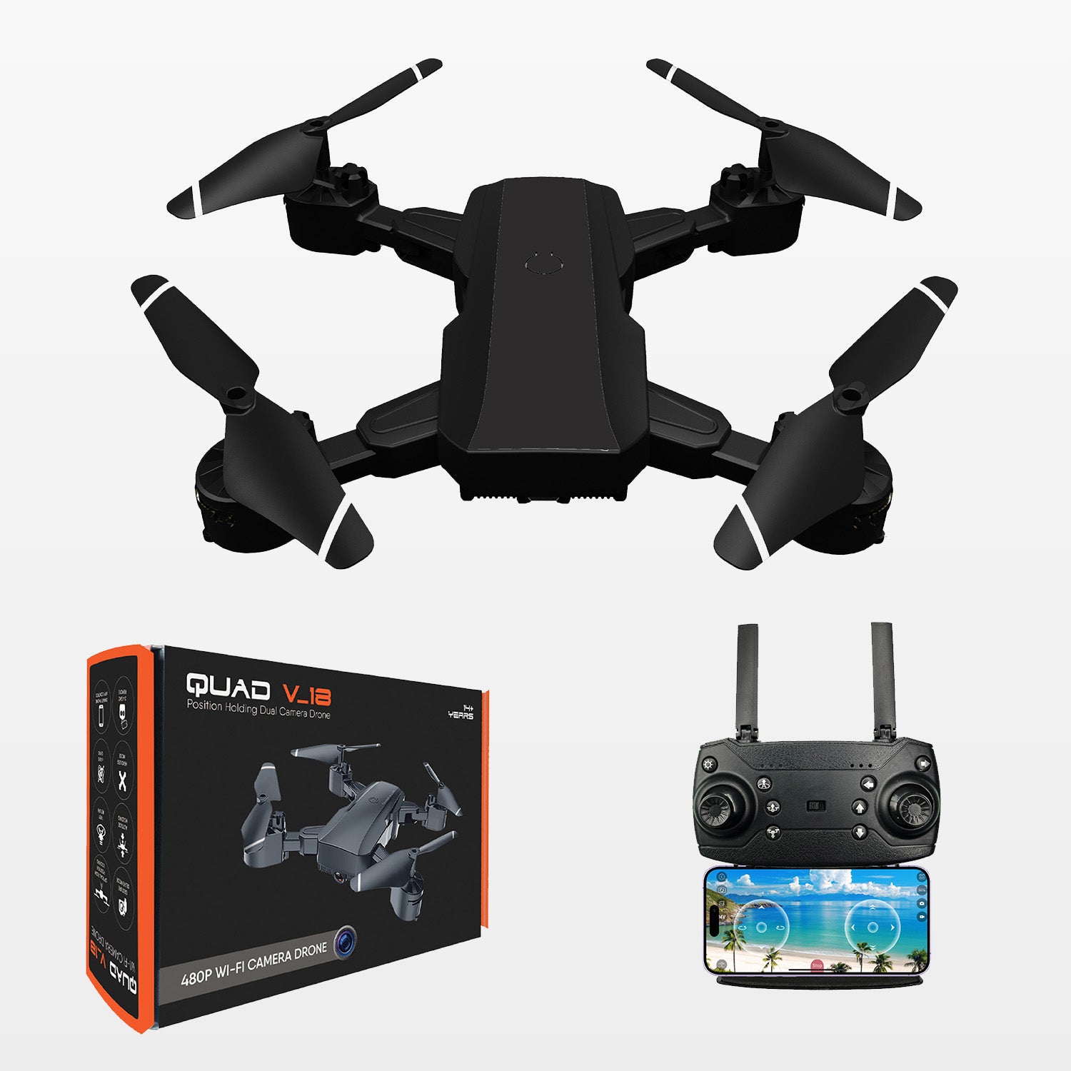 QUAD V 18 BLACK | WiFi 480P FPV Dual Camera | Position Locking Drone