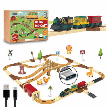 BOOGYWOOGY Metal Die Cast Jungle Theme 134 Pieces DIY Magnetic Toy Train Set - USB Rechargeable Type-C Engine, Interactive Magnetic Tracks, Educational STEM Toy for Kids, Creative DIY Playset