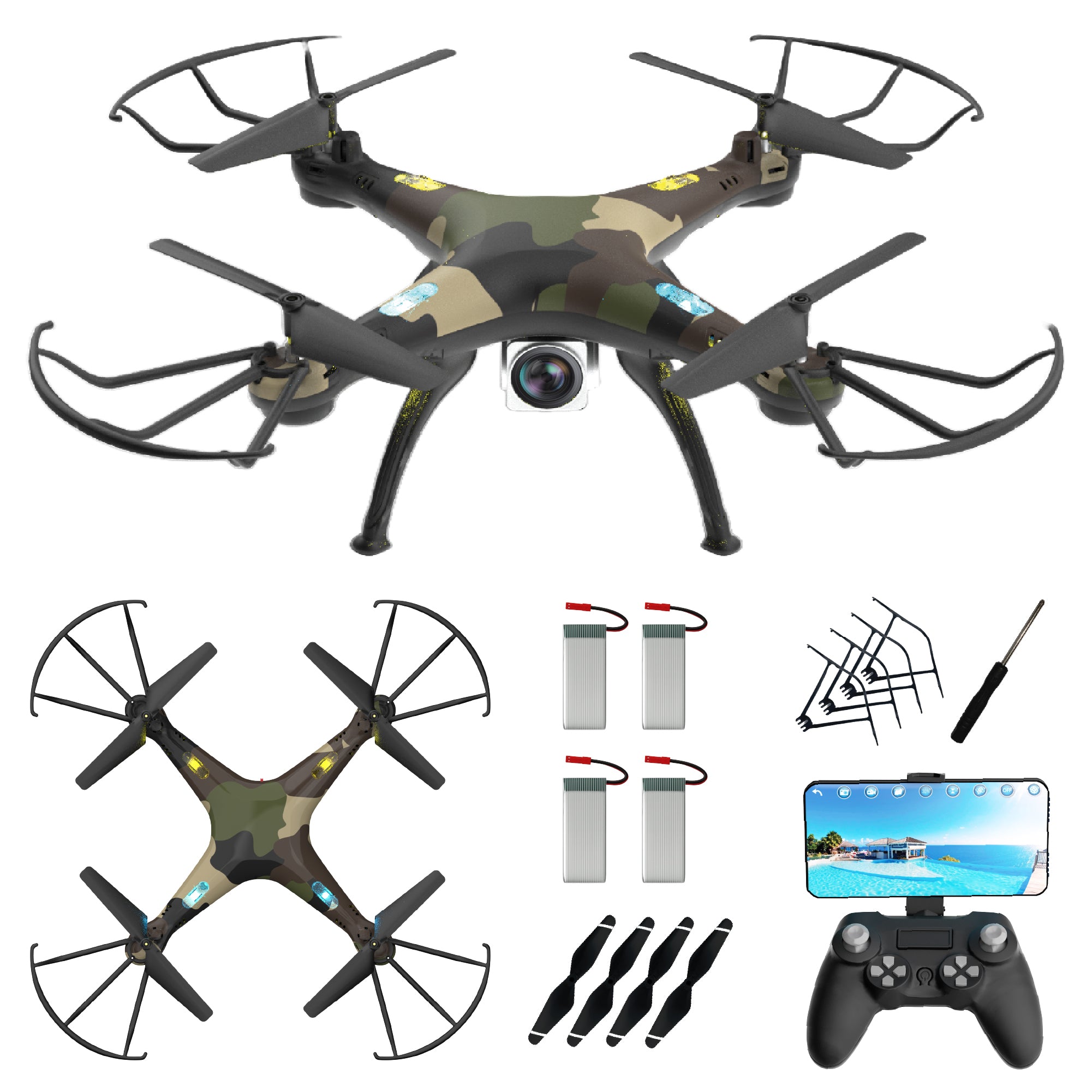 Skyjet Pro RC Drone with 720p HD Camera, 4 Batteries | 360° Flip, LED Lights, One-Key Return | Best Mini Flying Toy for Kids & Adults | Remote Control DIY Drone for Beginners (Army Green))