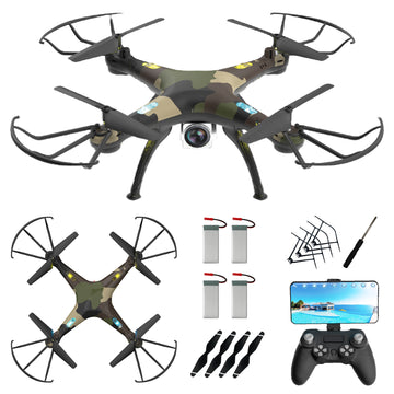 Skyjet Pro RC Drone with 720p HD Camera, 4 Batteries | 360° Flip, LED Lights, One-Key Return | Best Mini Flying Toy for Kids & Adults | Remote Control DIY Drone for Beginners (Army Green))