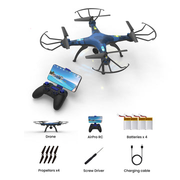 Skyjet Pro Mini RC Drone with 720p HD Camera – 4 Batteries, 360° Flip Quadcopter, LED Lights, One-Key Return | Beginner & Kids Camera Drone | Long-Flight Remote Control DIY Drone (blue)