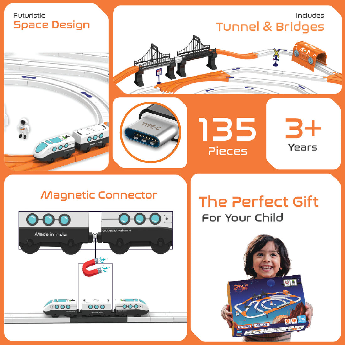 BOOGYWOOGY Space-Themed Train Set 135 Pieces | TYPE C Rechargeable Engine | Magnetic Train Toys with Lights Sounds | DIY Educational Railway Track Set | Gift for Kids