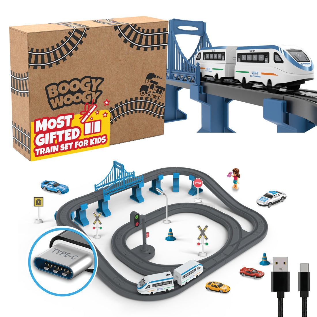 🚂 BOOGYWOOGY BHARAT Express: TYPE-C Rechargeable Engine | Train Set for Kids 3 Years+ with Magnetic Tracks - 77 Pieces