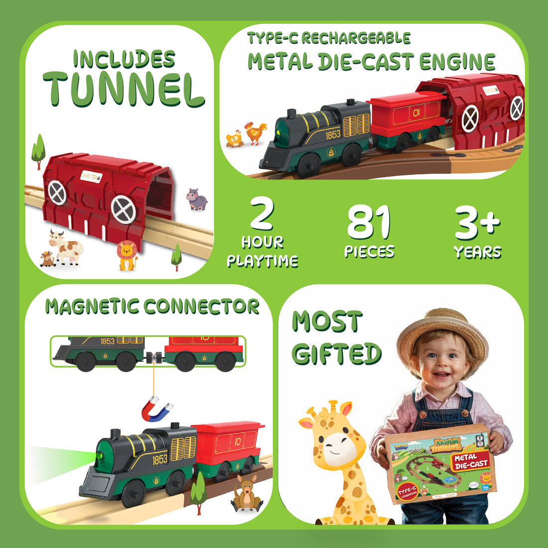 BOOGYWOOGY Metal Die Cast Jungle Theme 81 Pieces DIY Magnetic Toy Train Set - USB Rechargeable Type-C Engine, Interactive Magnetic Tracks, Educational STEM Toy for Kids, Creative DIY Playset