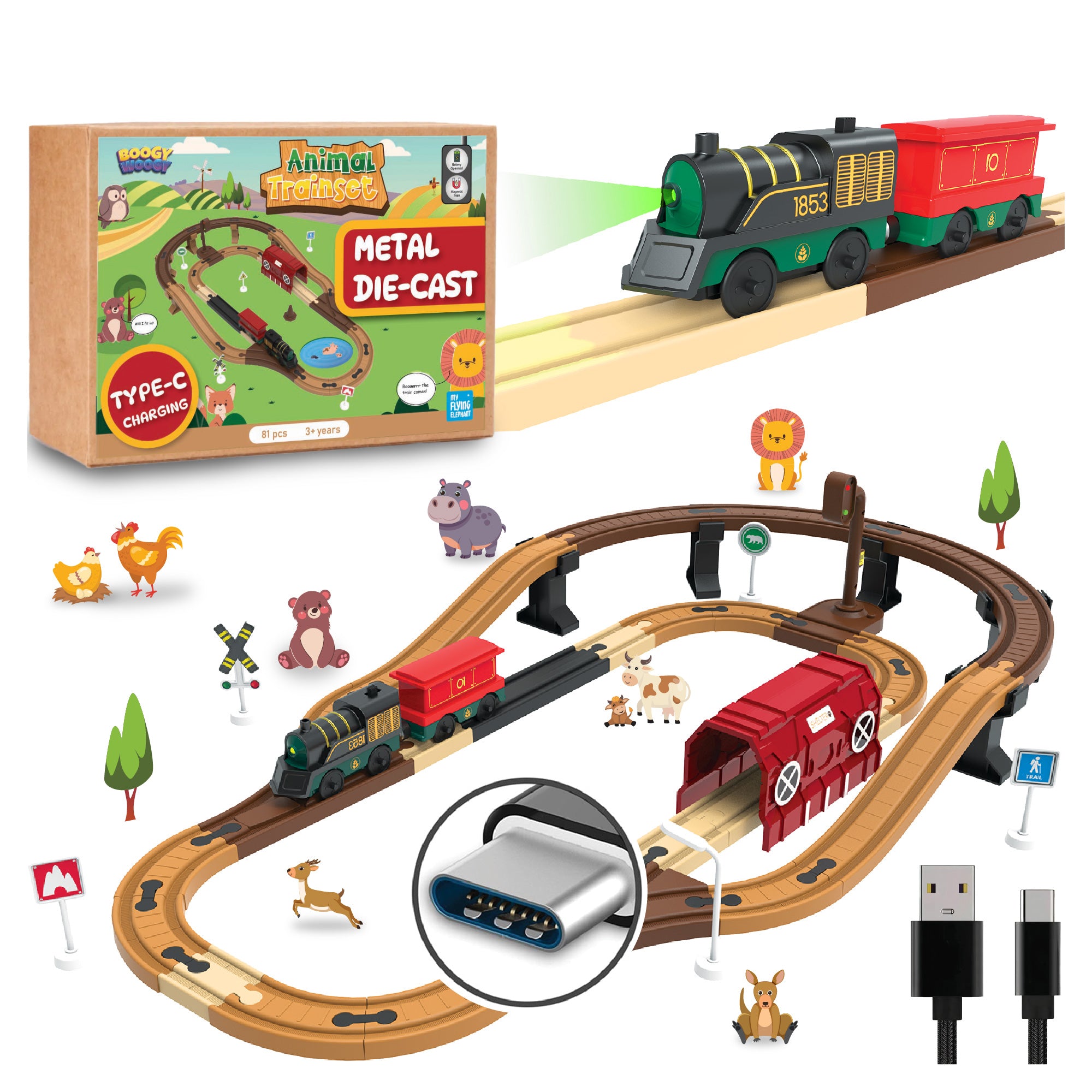 BOOGYWOOGY Metal Die Cast Jungle Theme 81 Pieces DIY Magnetic Toy Train Set - USB Rechargeable Type-C Engine, Interactive Magnetic Tracks, Educational STEM Toy for Kids, Creative DIY Playset