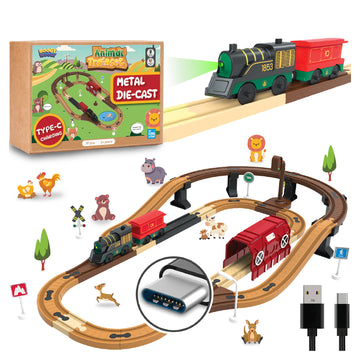 BOOGYWOOGY Metal Die Cast Jungle Theme 81 Pieces DIY Magnetic Toy Train Set - USB Rechargeable Type-C Engine, Interactive Magnetic Tracks, Educational STEM Toy for Kids, Creative DIY Playset