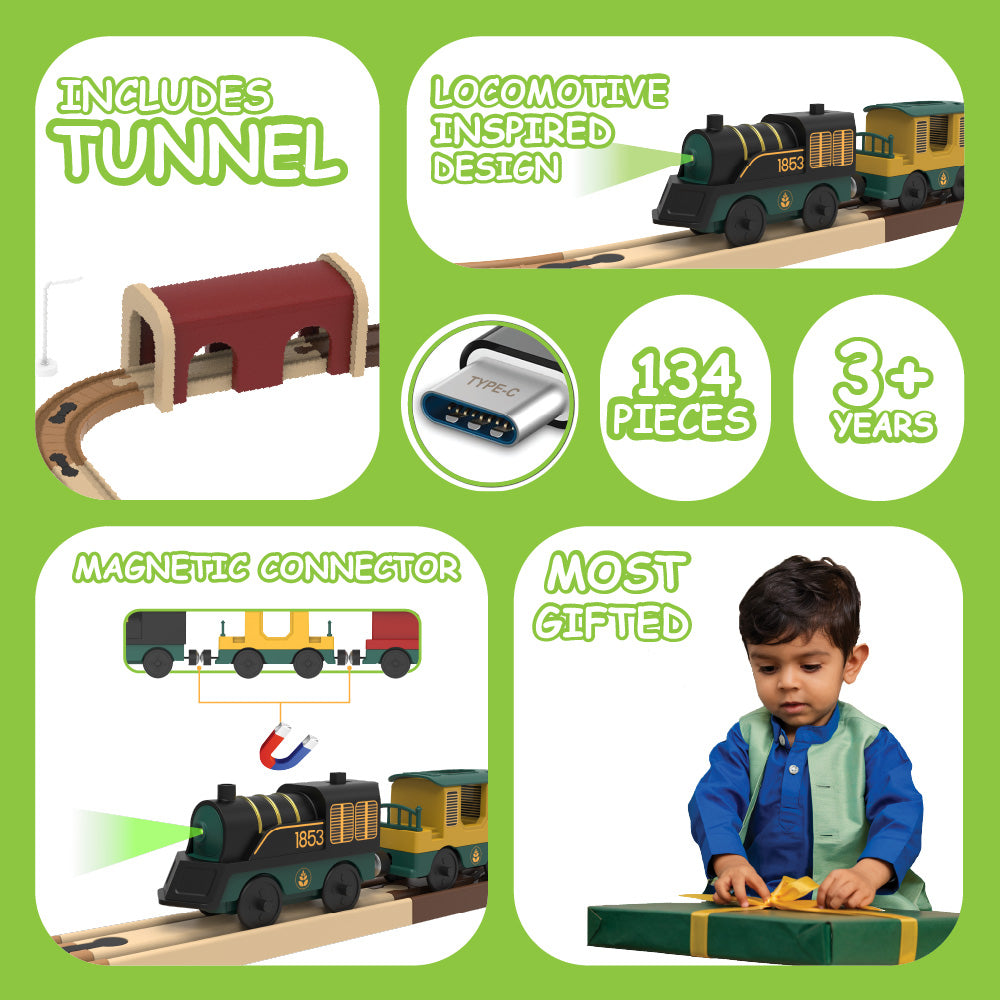 BOOGYWOOGY Metal Die Cast Jungle Theme 134 Pieces DIY Magnetic Toy Train Set - USB Rechargeable Type-C Engine, Interactive Magnetic Tracks, Educational STEM Toy for Kids, Creative DIY Playset