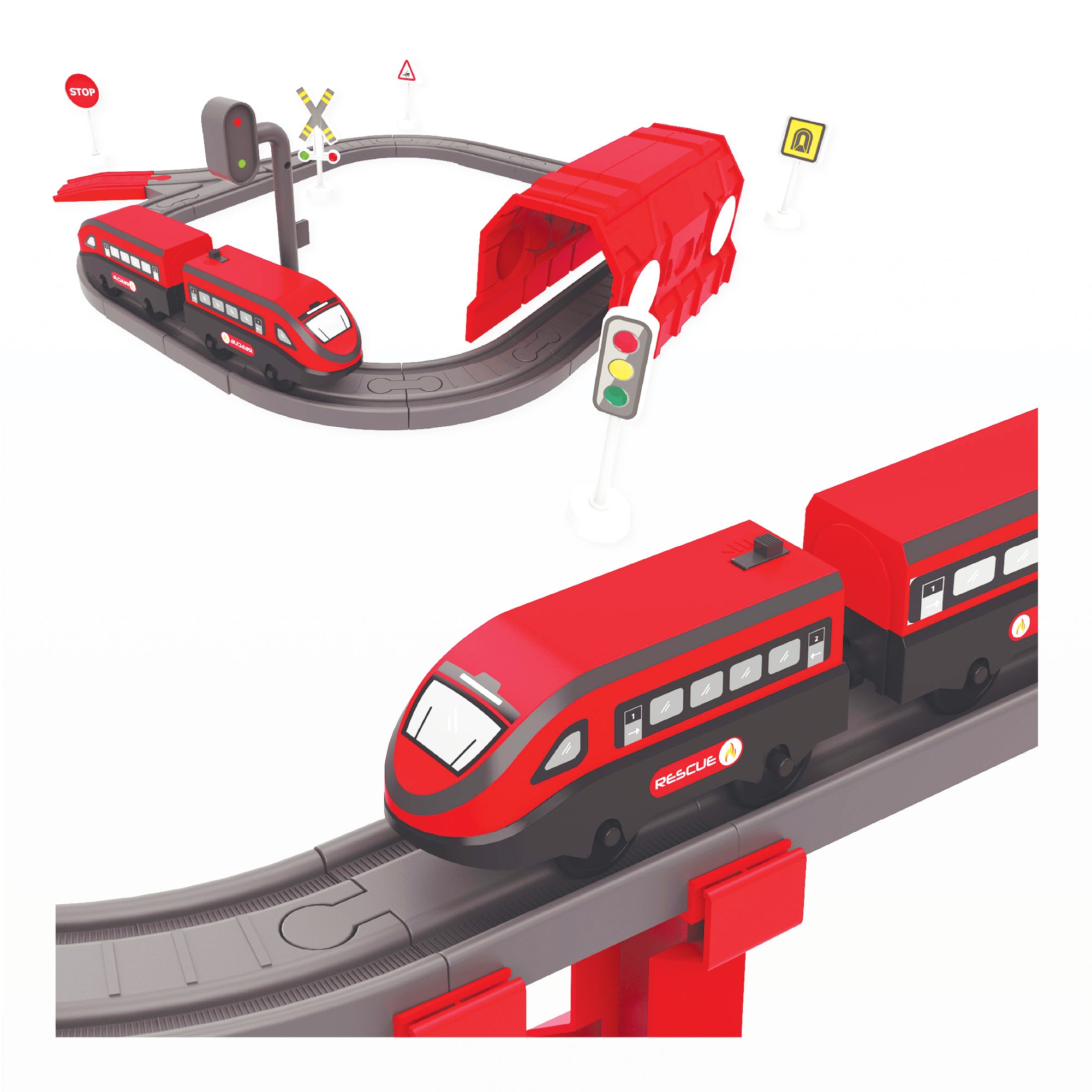 NEW 2025 Rescue Train Toy Set for Kids – Magnetic Tracks with Tunnel, Signs, Lights & Battery Train – Motor Skills & STEM Learning Toy for Boys & Girls Ages 3+