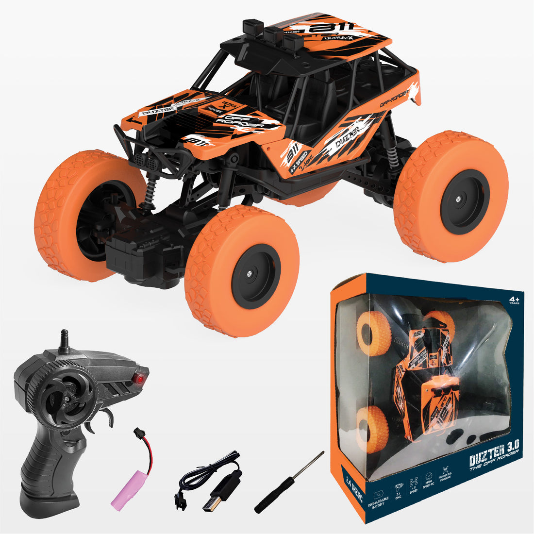 DUZTER- RC Car Spring Suspensions | 2WD Rock Crawler | Fun RC Toy and Gift for Kids and Boys-Orange